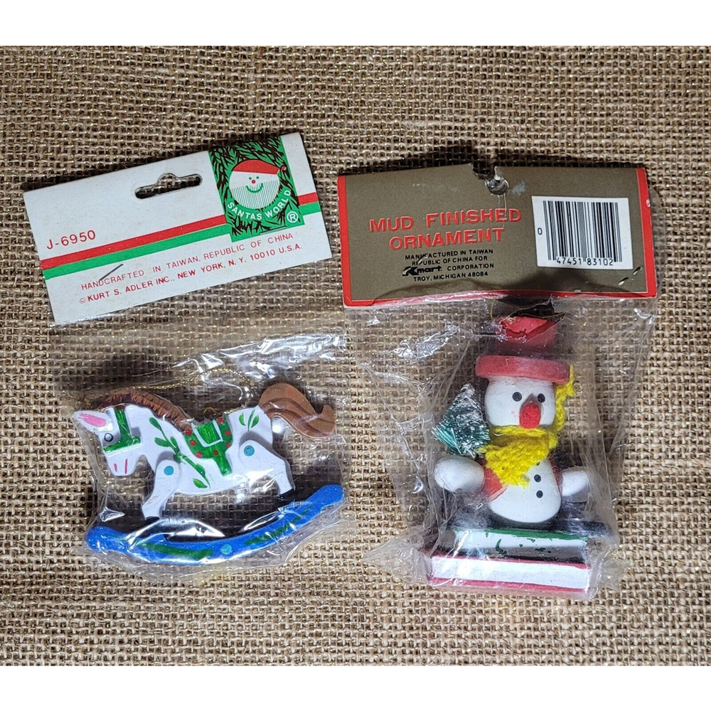 2 Vintage Hand Painted Wood Christmas Ornaments Snowman Rocking Horse Kurt Adler